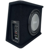 Angled view of a SoundQubed wedge enclosure showing the gray subwoofer cone and side amplifier controls