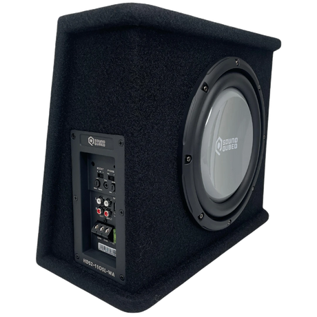 Angled view of a SoundQubed wedge enclosure showing the gray subwoofer cone and side amplifier controls