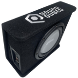 High angled view of a SoundQubed wedge enclosure showing its top logo, subwoofer and recessed side connection panel