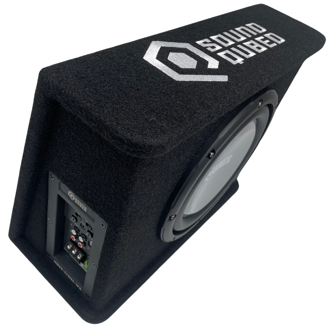 Opposite high-angle view of a SoundQubed wedge enclosure with its subwoofer and recessed side controls