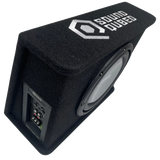 Opposite high-angle view of a SoundQubed wedge enclosure with its subwoofer and recessed side controls
