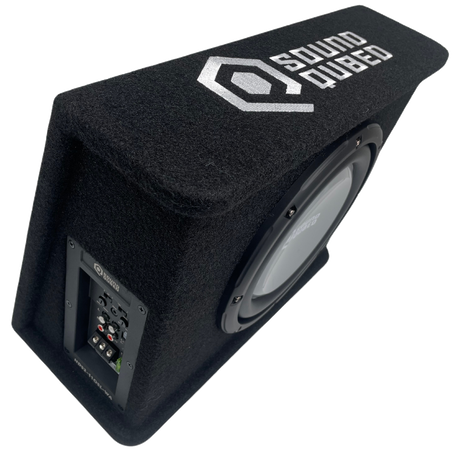 Opposite high-angle view of a SoundQubed wedge enclosure with its subwoofer and recessed side controls