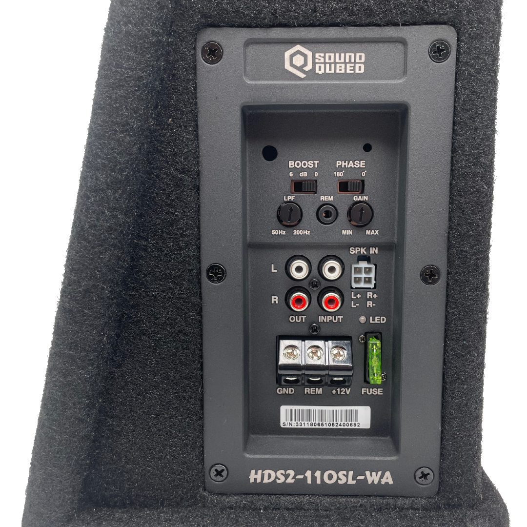 SoundQubed HDS2-110SL-WA panel with bass boost, phase, low-pass and gain controls, RCA and speaker inputs, power terminals and fuse