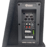 SoundQubed HDS2-110SL-WA panel with bass boost, phase, low-pass and gain controls, RCA and speaker inputs, power terminals and fuse