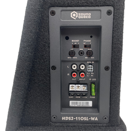 SoundQubed HDS2-110SL-WA panel with bass boost, phase, low-pass and gain controls, RCA and speaker inputs, power terminals and fuse
