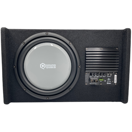 SoundQubed subwoofer enclosure showing a gray cone and amplifier control panel between raised carpeted edges