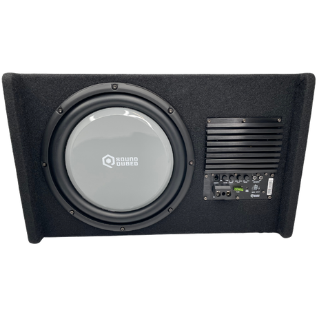 Underside view of a SoundQubed enclosure showing a gray subwoofer and amplifier panel between raised end supports