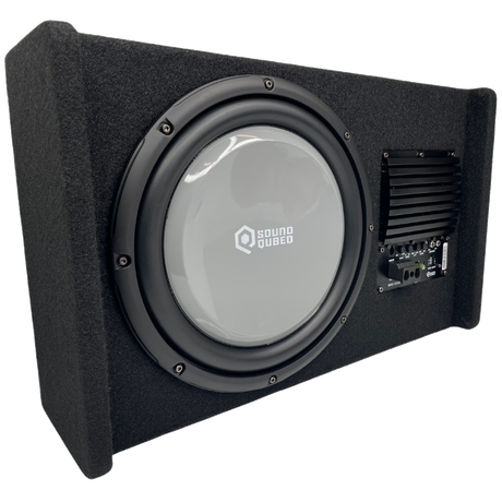 Three-quarter view of a carpeted SoundQubed enclosure with a gray subwoofer cone and built-in amplifier panel