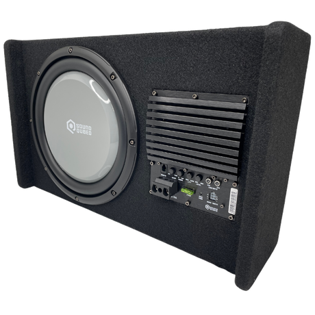 Angled view of a SoundQubed enclosure's underside with a gray subwoofer, finned amplifier and connection panel