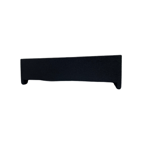 Side profile of a low black enclosure with short supports at both ends