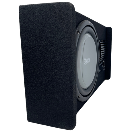 Side-angle view of a black SoundQubed enclosure showing its end support and gray subwoofer