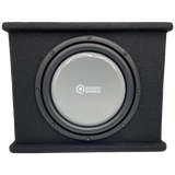 Gray-cone SoundQubed subwoofer mounted in a black carpeted enclosure with raised top and bottom edges