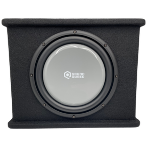 Gray-cone SoundQubed subwoofer mounted in a black carpeted enclosure with raised top and bottom edges