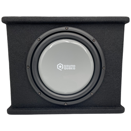 Gray-cone SoundQubed subwoofer mounted in a black carpeted enclosure with raised top and bottom edges