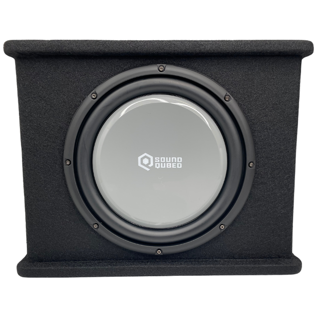Gray-cone SoundQubed subwoofer mounted in a black carpeted enclosure with raised top and bottom edges