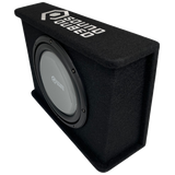 Angled view of a black SoundQubed wedge enclosure with a gray subwoofer and large white top logo