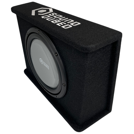 Angled view of a black SoundQubed wedge enclosure with a gray subwoofer and large white top logo
