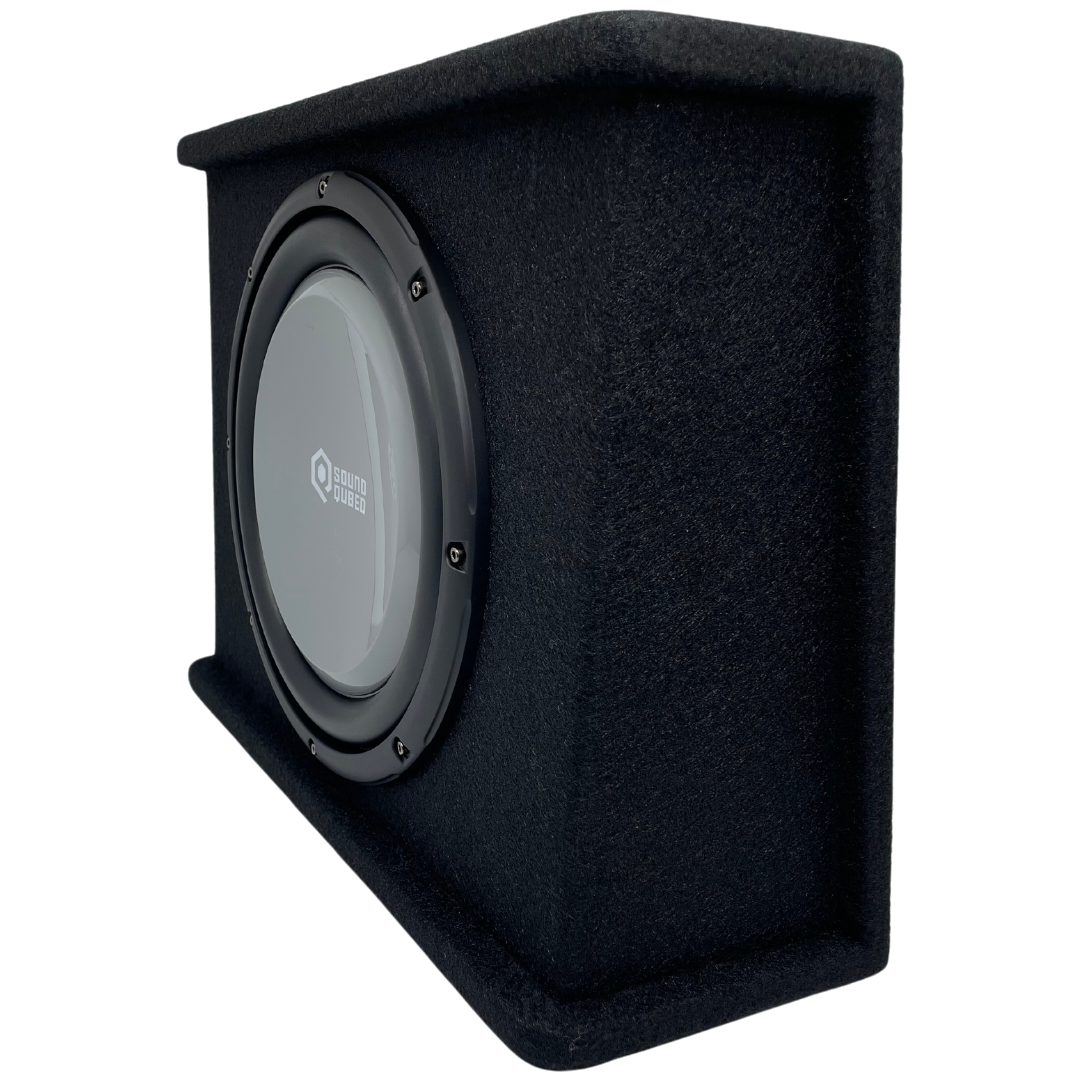 Opposite angled view of a SoundQubed wedge enclosure showing its carpeted side and gray subwoofer cone
