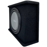Opposite angled view of a SoundQubed wedge enclosure showing its carpeted side and gray subwoofer cone