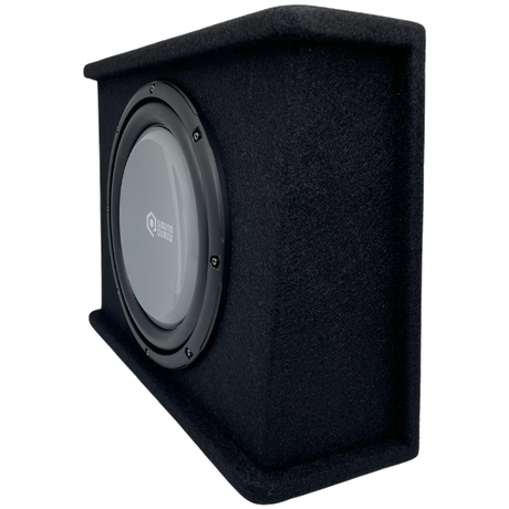 Opposite angled view of a SoundQubed wedge enclosure showing its carpeted side and gray subwoofer cone