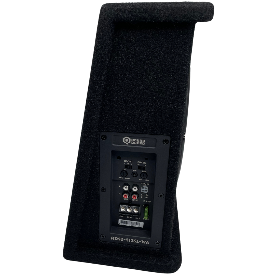 Side view of a SoundQubed HDS2-112SL-WA wedge enclosure showing its recessed amplifier controls and connections
