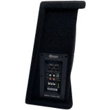 Side view of a SoundQubed HDS2-112SL-WA wedge enclosure showing its recessed amplifier controls and connections