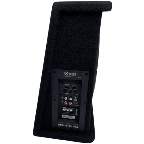 Side view of a SoundQubed HDS2-112SL-WA wedge enclosure showing its recessed amplifier controls and connections
