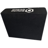 Rear view of a black carpeted SoundQubed wedge enclosure with a white logo on top