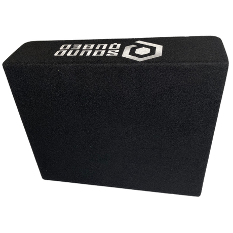 Rear view of a black carpeted SoundQubed wedge enclosure with a white logo on top