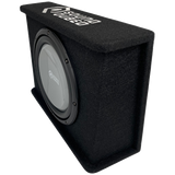 Angled front and side view of a black SoundQubed wedge enclosure showing its gray subwoofer and top logo