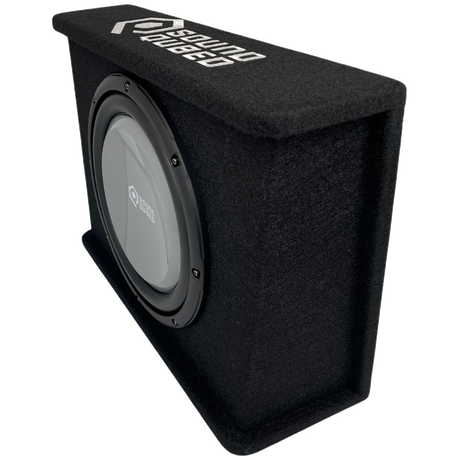 Angled front and side view of a black SoundQubed wedge enclosure showing its gray subwoofer and top logo