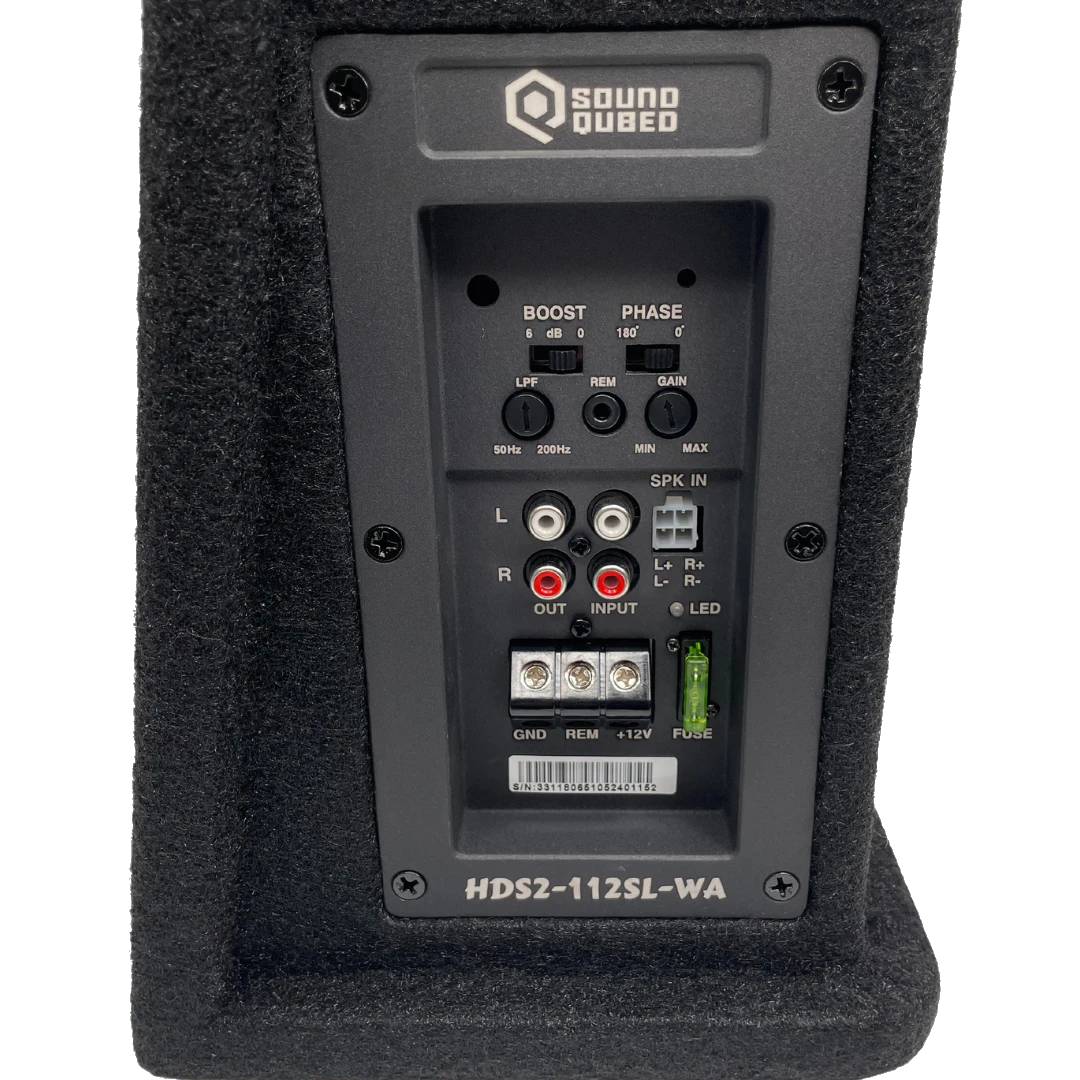 SoundQubed HDS2-112SL-WA amplifier panel with RCA inputs, adjustment knobs, power terminals and fuse