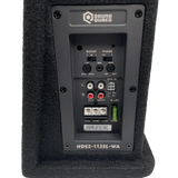SoundQubed HDS2-112SL-WA amplifier panel with RCA inputs, adjustment knobs, power terminals and fuse