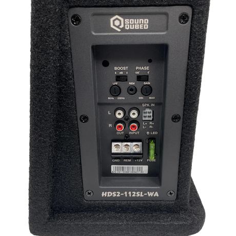 SoundQubed HDS2-112SL-WA amplifier panel with RCA inputs, adjustment knobs, power terminals and fuse