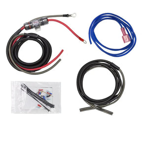 Amplifier wiring kit with coiled power cables, an inline fuse holder, blue wire and small connectors