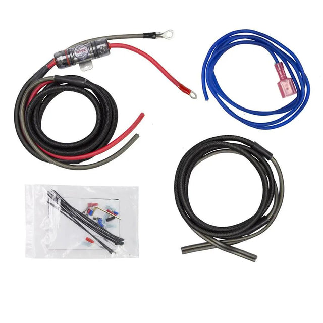 Amplifier wiring kit with coiled power cables, an inline fuse holder, blue wire and small connectors