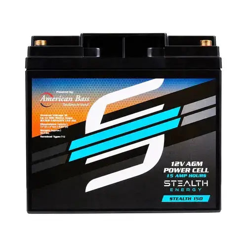 Front view of a Stealth Energy Stealth 150 battery with its black case and blue-and-orange label.