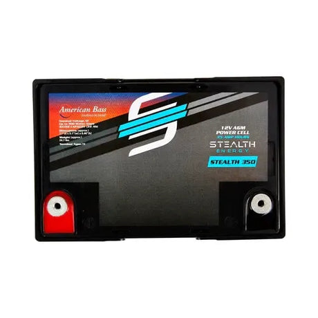 Top view of a Stealth Energy Stealth 350 battery showing its labeled cover and red-marked terminal.