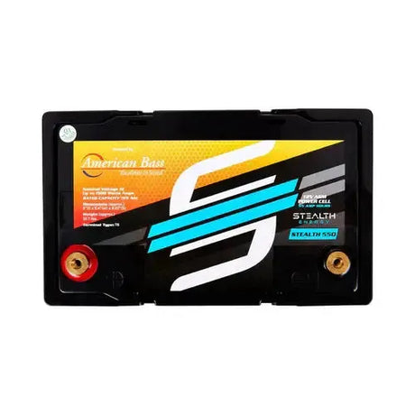 Top view of a Stealth Energy Stealth 550 battery with its yellow label and two gold-colored terminals.