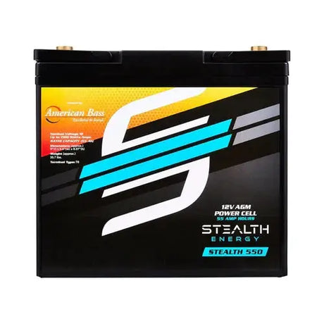 Front view of a Stealth Energy Stealth 550 battery with its yellow label and top terminal posts.