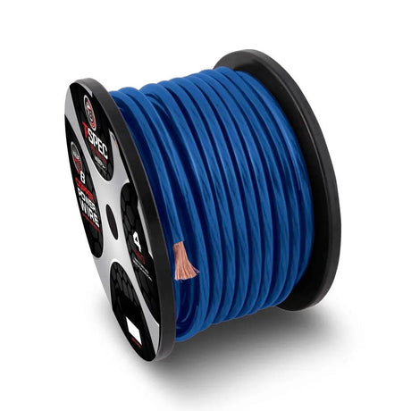 T-Spec V8 blue 4 AWG oxygen-free copper power wire on a spool