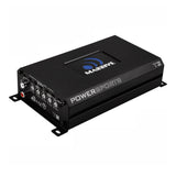Angled Massive Audio T2 Powersports amplifier showing its controls and RCA connections
