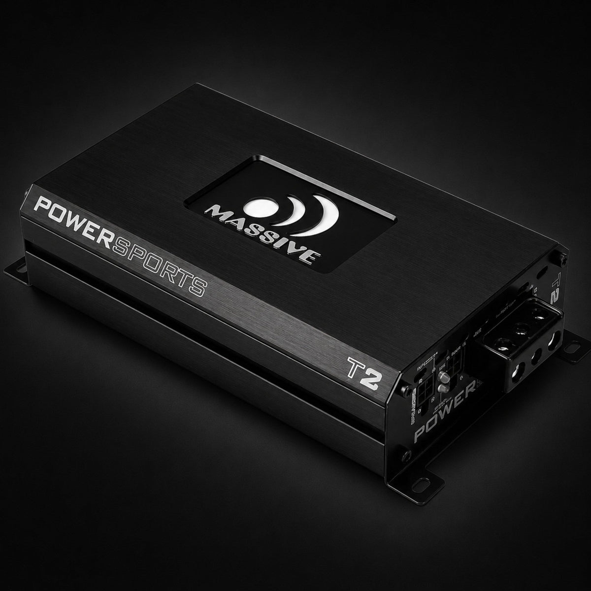 Angled Massive Audio T2 Powersports amplifier showing its power and speaker terminal end
