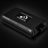 Angled Massive Audio T2 Powersports amplifier showing its power and speaker terminal end