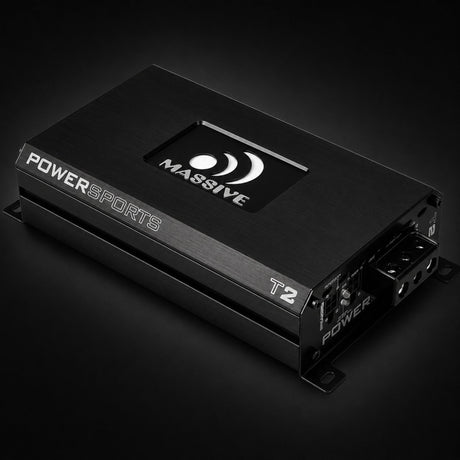 Angled Massive Audio T2 Powersports amplifier showing its power and speaker terminal end