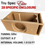 Tru Spec Elite Z8 open-top enclosure graphic showing internal bracing and specifying 1 cubic foot, an 8.3-inch cutout and 32 Hz tuning