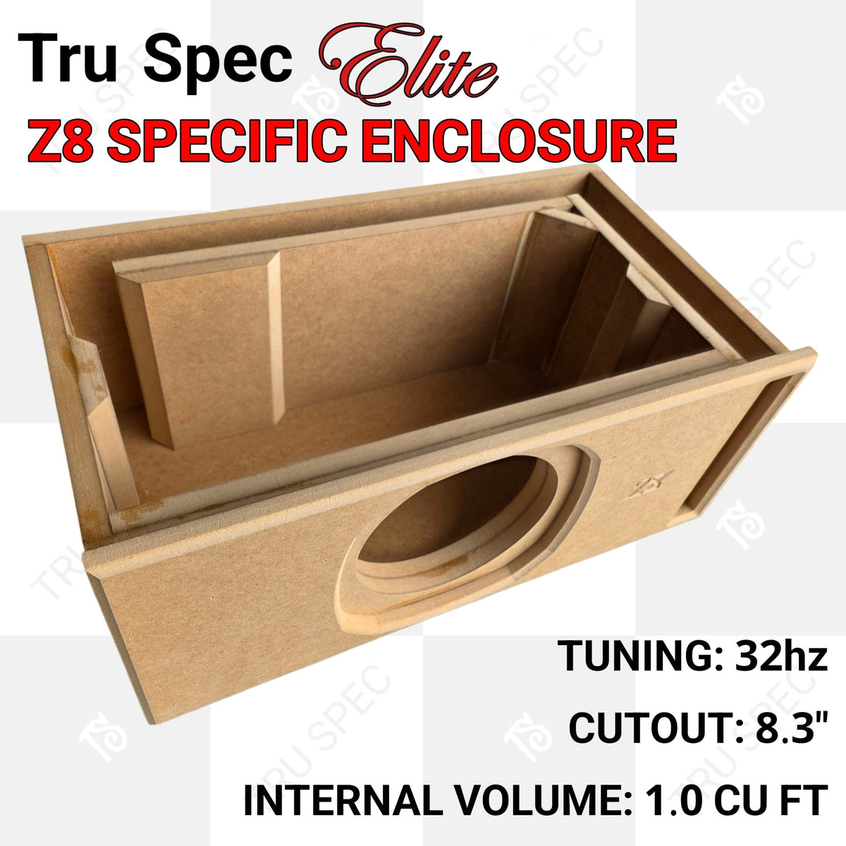 Open TRU SPEC Elite Z8 enclosure showing internal bracing and the port channel, with printed specifications