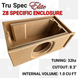 Open TRU SPEC Elite Z8 enclosure showing internal bracing and the port channel, with printed specifications