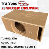 TRU SPEC Elite Z8 single-opening enclosure graphic listing 1.0 cubic foot, an 8.3-inch cutout and 32 Hz tuning