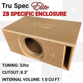 TRU SPEC Elite Z8 single-opening enclosure graphic listing 1.0 cubic foot, an 8.3-inch cutout and 32 Hz tuning